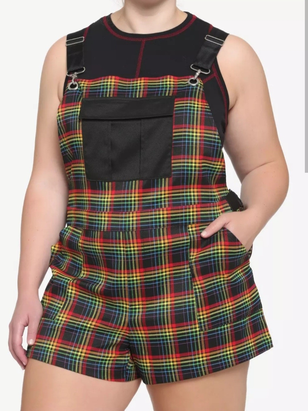 NWT Hot Topic Rainbow Plaid Short Overalls Romper - Black/Red Plaid 2X